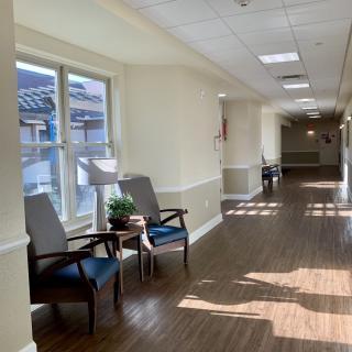 A bright hallway with chairs and windows letting in sunlight.
