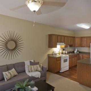 A modern open-concept living room and kitchen with stylish decor.