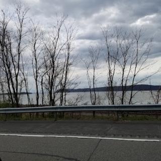 A serene view of a lake bordered by bare trees under a cloudy sky.