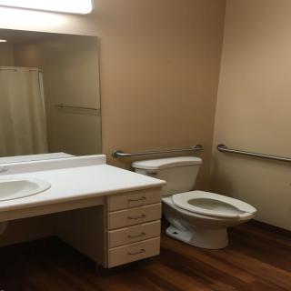 A clean and accessible bathroom featuring a sink, toilet, and grab bars.