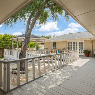 A spacious backyard deck with a tree growing through it, featuring a fenced area and patio under a sunny sky.