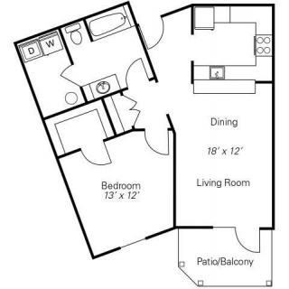 A floor plan of a one-bedroom apartment featuring a kitchen, dining area, living room, bathroom, and patio/balcony.