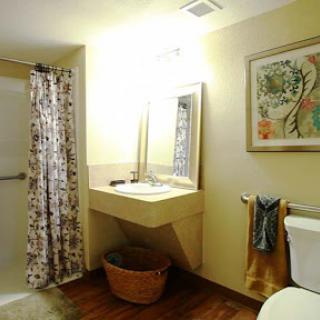 A well-lit bathroom featuring a shower, sink, and decorative elements.