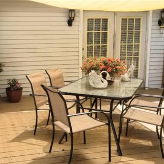 A cozy outdoor patio with a glass table, chairs, and decorative plants.