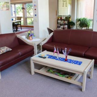 A cozy living room with two leather sofas and a coffee table, decorated with flowers and houseplants.