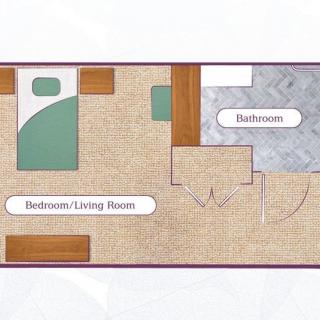 A floor plan of a studio apartment featuring a combined bedroom and living room area with an adjoining bathroom.