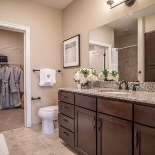 A modern bathroom with a double sink vanity, large mirror, and elegant cabinetry.