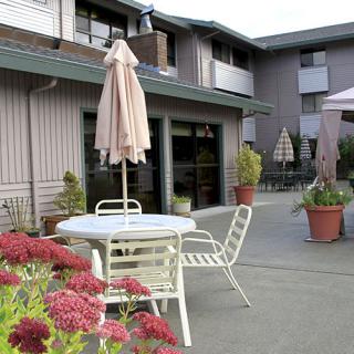 A cozy patio area with a table, chairs, and umbrella surrounded by potted plants in front of an apartment building.
