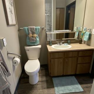 A neatly arranged bathroom featuring a toilet, sink with a mirror, and coordinated towels and floor mat.