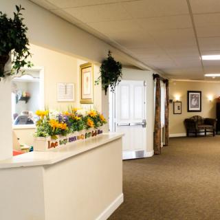 A welcoming reception area with decorative flowers and a cozy hallway.