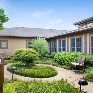 A tranquil courtyard with lush greenery and a wooden bench.