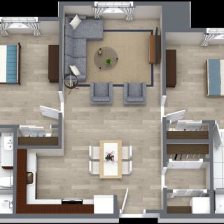 A modern apartment floor plan featuring two bedrooms, a living room, and a kitchen.