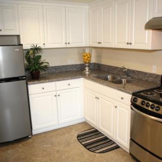 A modern kitchen with white cabinets, stainless steel appliances, and a granite countertop.