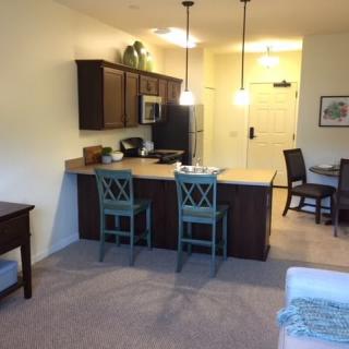 Open floor plan kitchen with an adjacent dining area, featuring modern decor and pendant lighting.