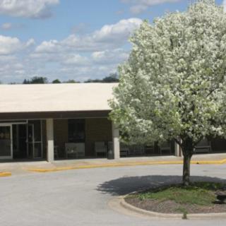 A small building with an adjacent blossoming tree in the parking lot under a cloudy sky.