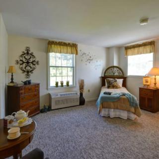 A cozy bedroom with a single bed, wooden furniture, and natural light from two windows.