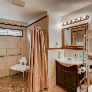An accessible bathroom with a shower area, sink, vanity mirror, and a curtain.