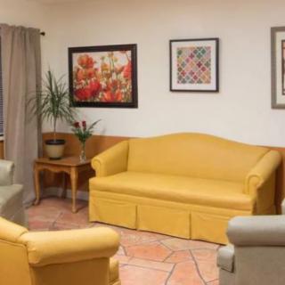 A cozy living room with yellow sofas, artwork on the walls, and a potted plant.