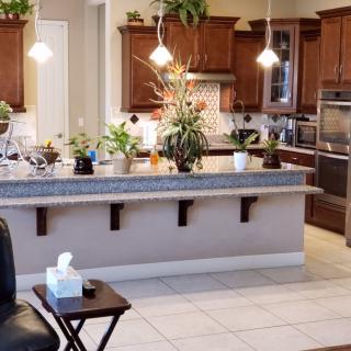 A modern kitchen interior with wooden cabinets, a spacious countertop adorned with plants, and stylish lighting fixtures.