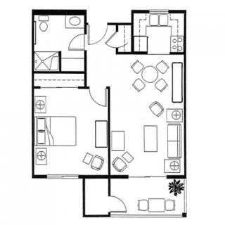 A detailed floor plan of a single-bedroom apartment including living room, kitchen, and bathroom areas.