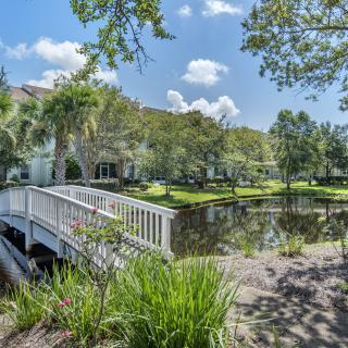 A serene view of a small white bridge over a pond surrounded by greenery and residential buildings.