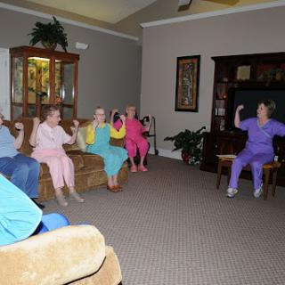 A group of seniors participating in a seated exercise class in a cozy living room setting.