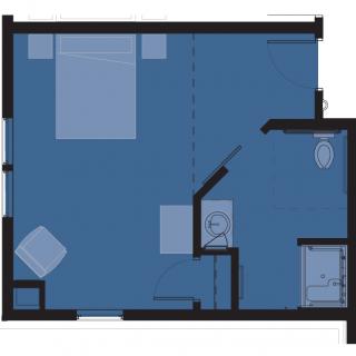 Floor plan showing a bedroom with an adjacent bathroom.