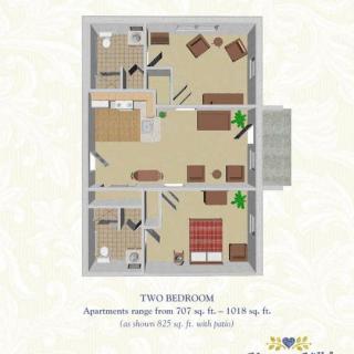 A floor plan of a two-bedroom apartment featuring a kitchen, living room, two bathrooms, and a balcony.