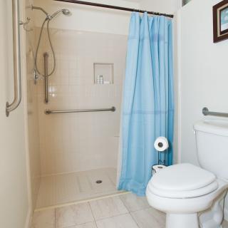 A bathroom featuring a walk-in shower with grab bars and a blue curtain, alongside a toilet.