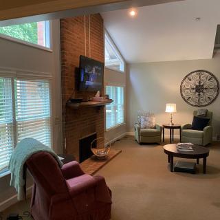 A cozy living room with a fireplace, television, and comfortable seating.