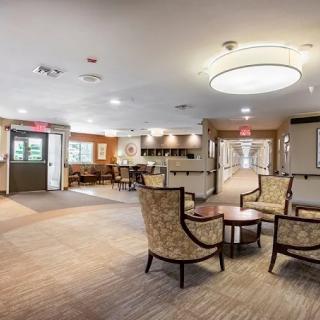 A modern lobby with comfortable seating and elegant lighting.