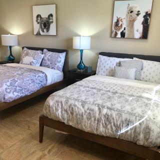 A cozy bedroom with two beds, bedside lamps, and decorative artwork on the wall.