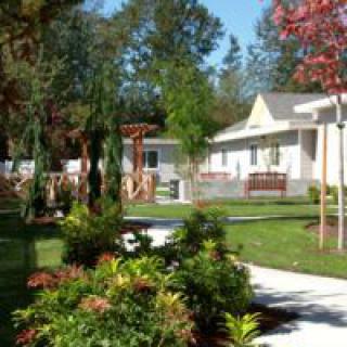 A landscaped garden with a pathway leading to a house surrounded by trees and plants.