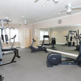 A well-equipped gym with various exercise machines and mirrored walls.
