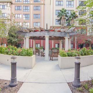 A well-maintained outdoor garden with a pergola and seating area, surrounded by urban buildings.