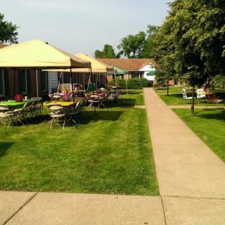 An inviting outdoor patio area with tables and chairs, surrounded by lush greenery on a sunny day.