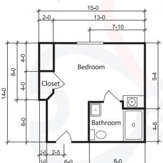A detailed floor plan featuring a bedroom, bathroom, and closet with measurements.