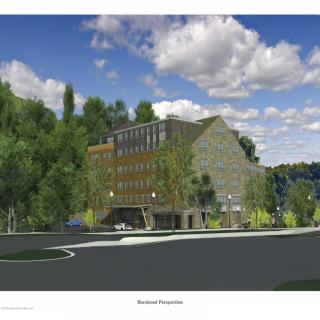 A digital rendering of a multi-story building surrounded by trees with a clear sky and road in the foreground.