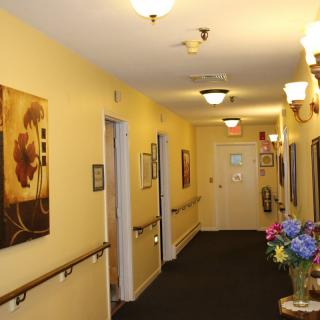 A well-lit hallway featuring decor, artwork, and handrails, leading to multiple doors.