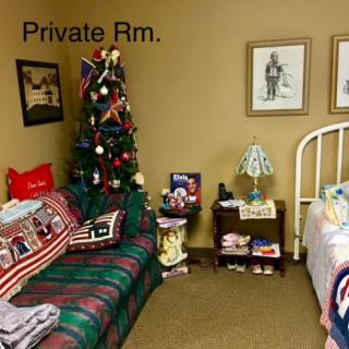A cozy private room decorated with Christmas ornaments, featuring a couch, bed, and a lit lamp.