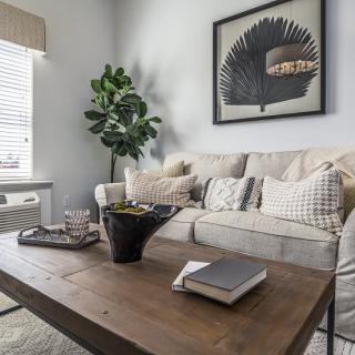 A modern living room featuring a comfortable sofa, stylish coffee table, indoor plant, and decorative wall art.