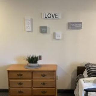 A minimalist bedroom setup with a wooden dresser, decorative plant, and wall art displaying the word 'LOVE' above.
