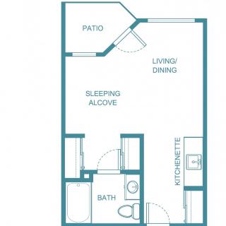 Studio apartment floor plan with a patio, kitchenette, and sleeping alcove.