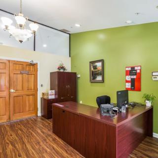 A well-lit office reception area featuring a desk, computer, and artwork on a green wall.