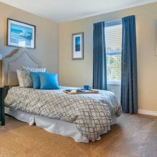 A cozy bedroom with blue accents and modern decor.