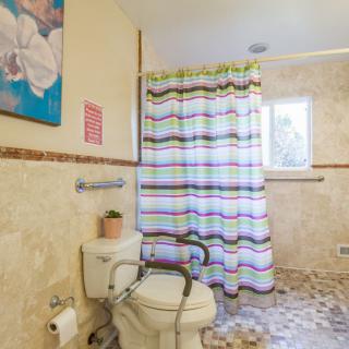 A well-lit bathroom featuring a toilet with support bars, a colorful shower curtain, and decorative artwork on the wall.