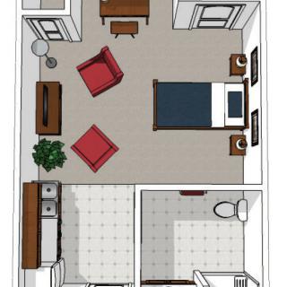 Illustration of a small apartment floor plan with distinct areas for living, sleeping, kitchen, and bathroom.