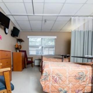 A hospital room with a bed, curtain, and television.