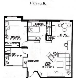 Floor plan of a 1005 sq. ft. apartment with two bedrooms, a bathroom, kitchen, dining area, and living room.