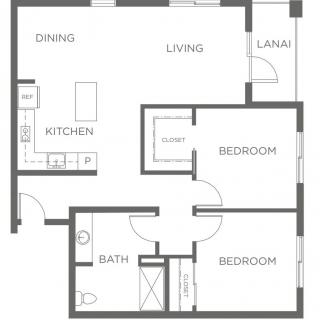 A simple floor plan showcasing a two-bedroom apartment with a kitchen, living room, dining area, bathroom, and lanai.